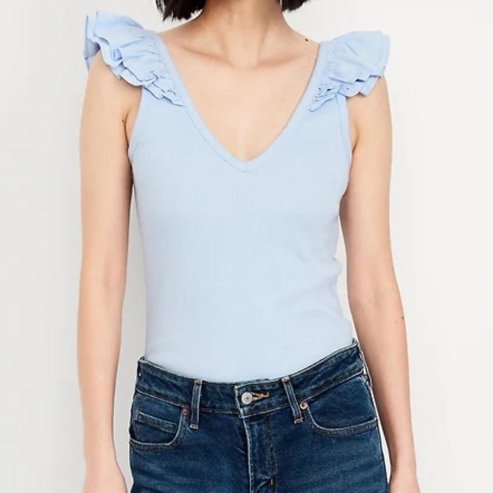 NWT - Old Navy Ruffle Trim Mixed Material Light Blue Cotton Stretch Top - Size L
